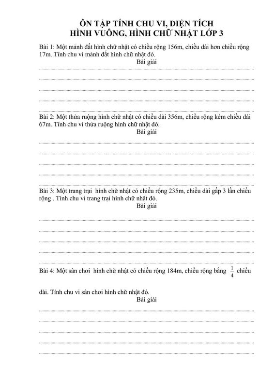 Ôn tập bài toán về chu vi, diện tích hình vuông, hình chữ nhật lớp 3