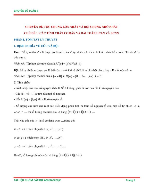 Chuyen de uoc chung lon nhat va boi chung nho nhat on thi hoc sinh gioi toan 6