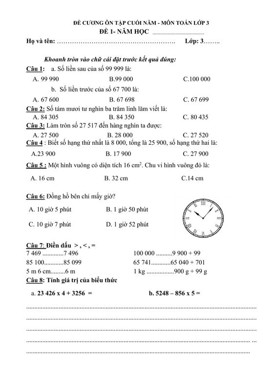 ĐỀ CƯƠNG CK2 TOÁN 3